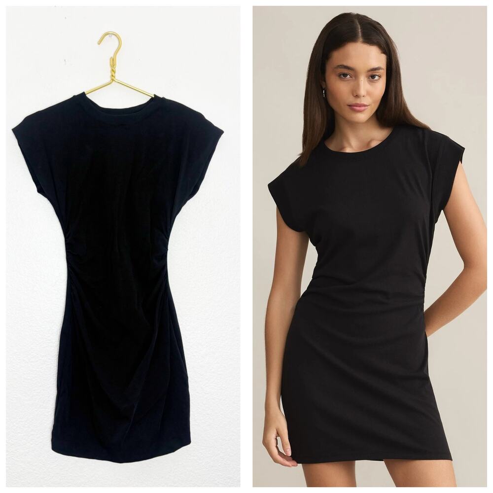 Zara Black Cinched Waist Mini Dress Size Medium Shoulder Pads Minimalist Chic